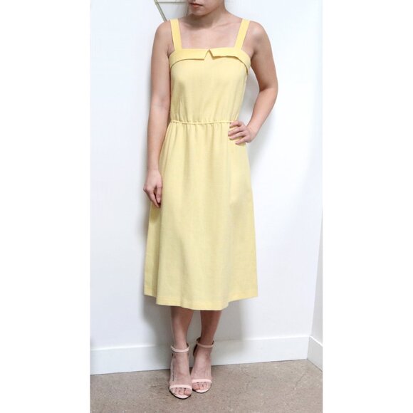 70s Pastel Yellow Sundress, Preppy Retro Sleeveless Midi Dress, XXS Petite - Picture 2 of 5